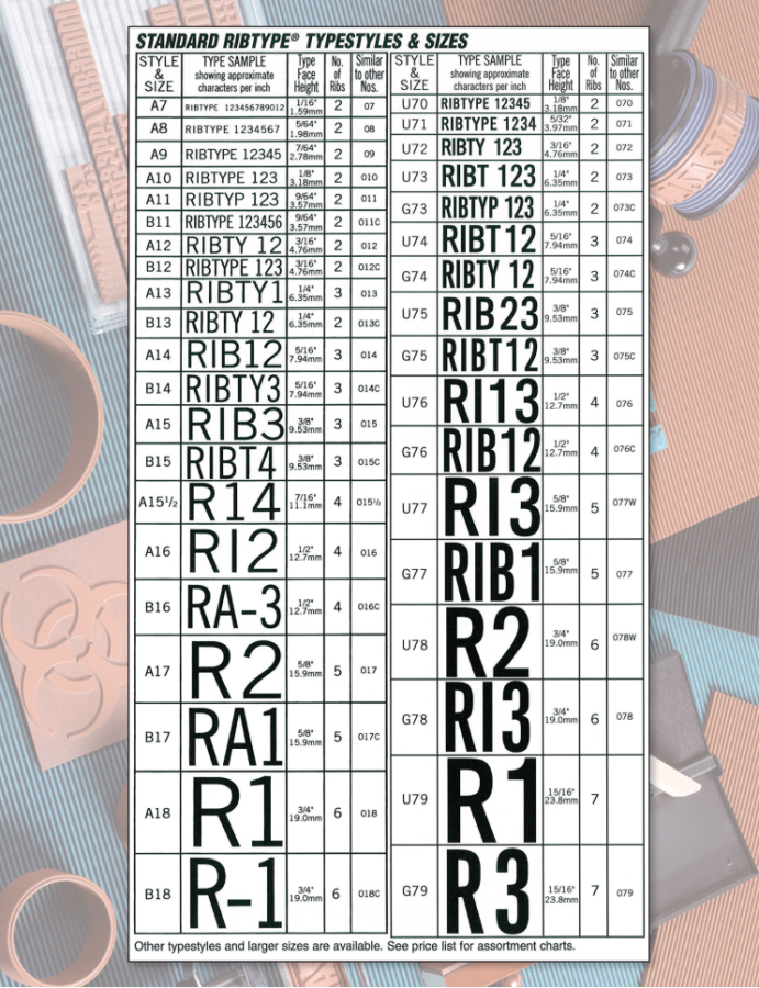 Ribtype Typestyle & Size Chart